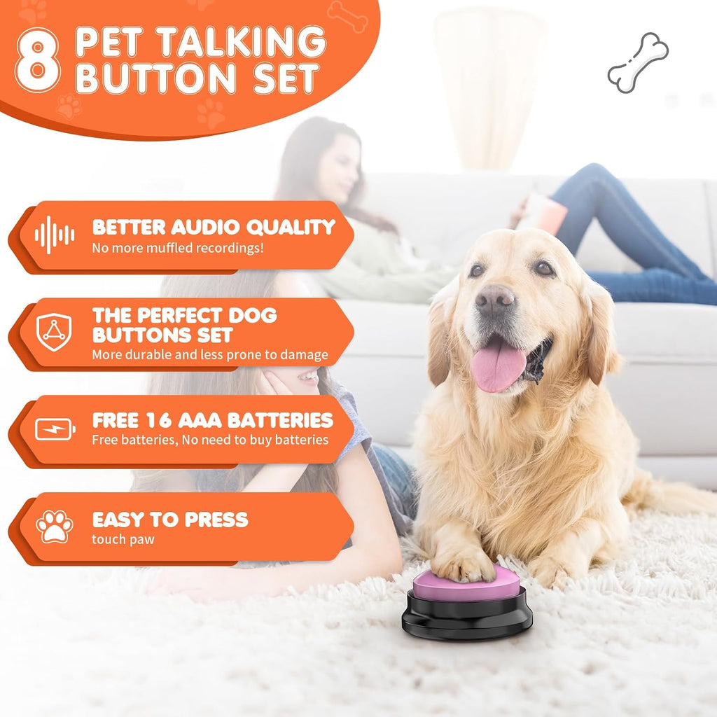 A golden retriever pressing a recordable talking buzzer on the non-slip mat.