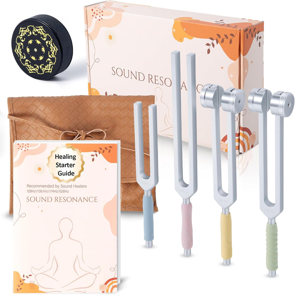 LEGUANG Tuning Forks For Healing Set front view displaying four aluminum forks and activator