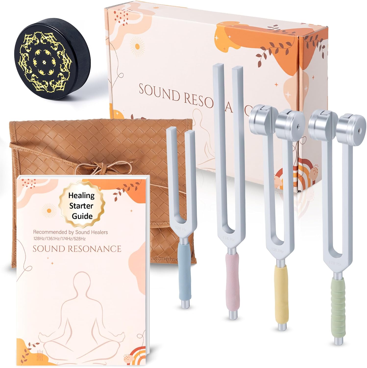 LEGUANG Tuning Forks For Healing Set front view displaying four aluminum forks and activator