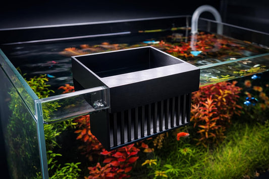 AquaPrintsByRay aquarium water change diffuser front view mounted on a clear medium fish tank rim