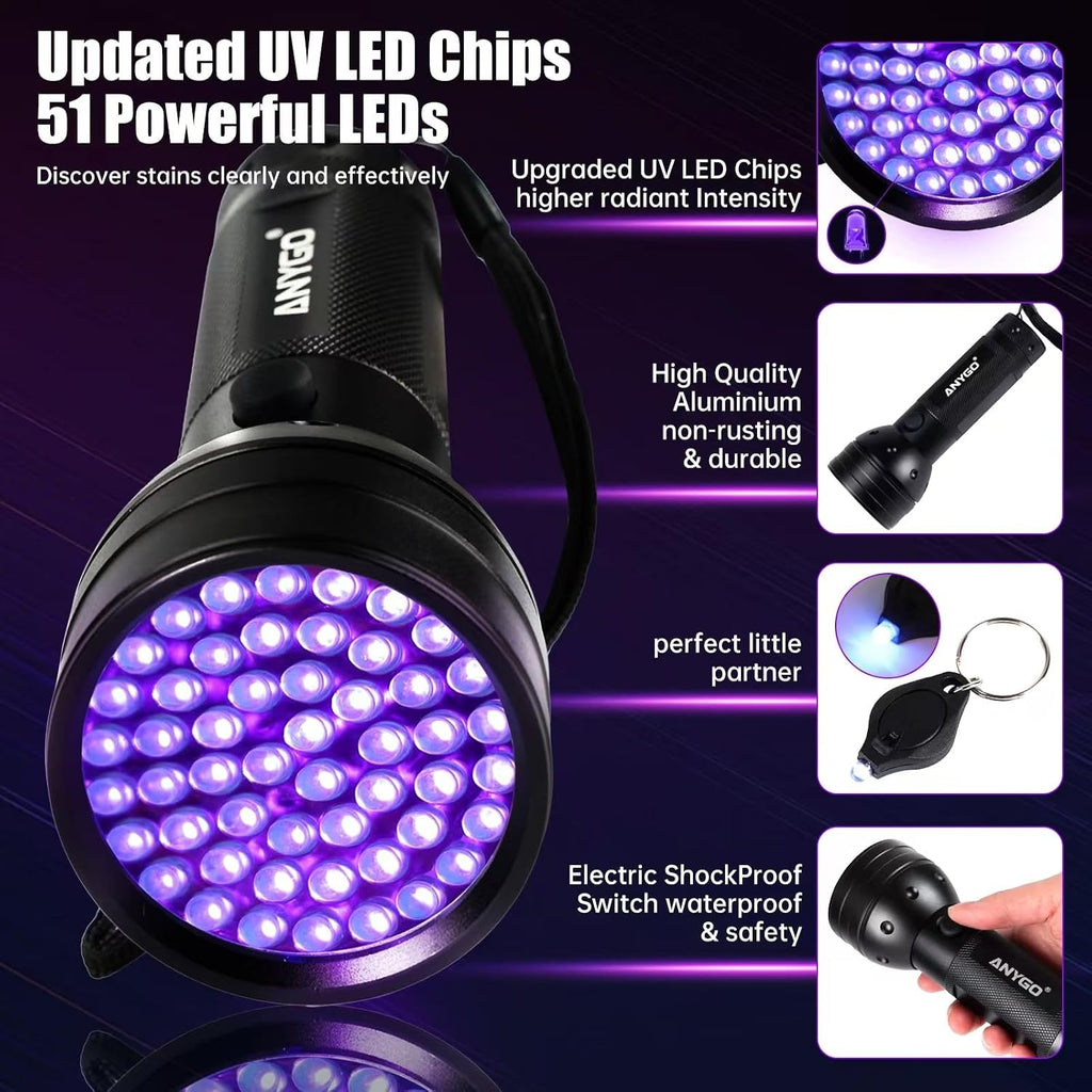 Portable ultraviolet pet urine detector illuminating dry stains on a living room carpet.