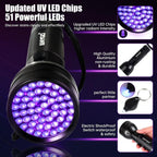 Portable ultraviolet pet urine detector illuminating dry stains on a living room carpet.