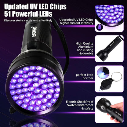 Portable ultraviolet pet urine detector illuminating dry stains on a living room carpet.