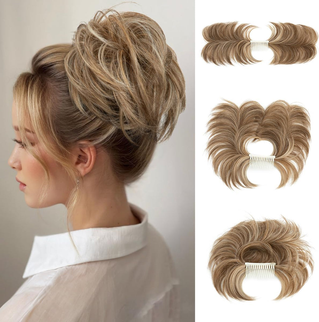 Youngways Messy Bun Hair Piece front view highlighting the natural straight texture and beige multi-s tone.