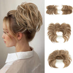 Youngways Messy Bun Hair Piece front view highlighting the natural straight texture and beige multi-s tone.
