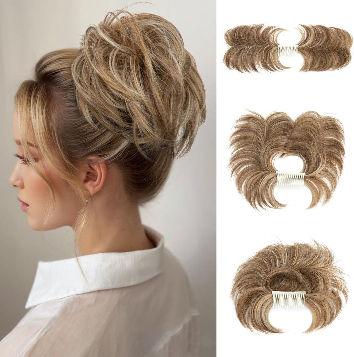Youngways Messy Bun Hair Piece front view highlighting the natural straight texture and beige multi-s tone.