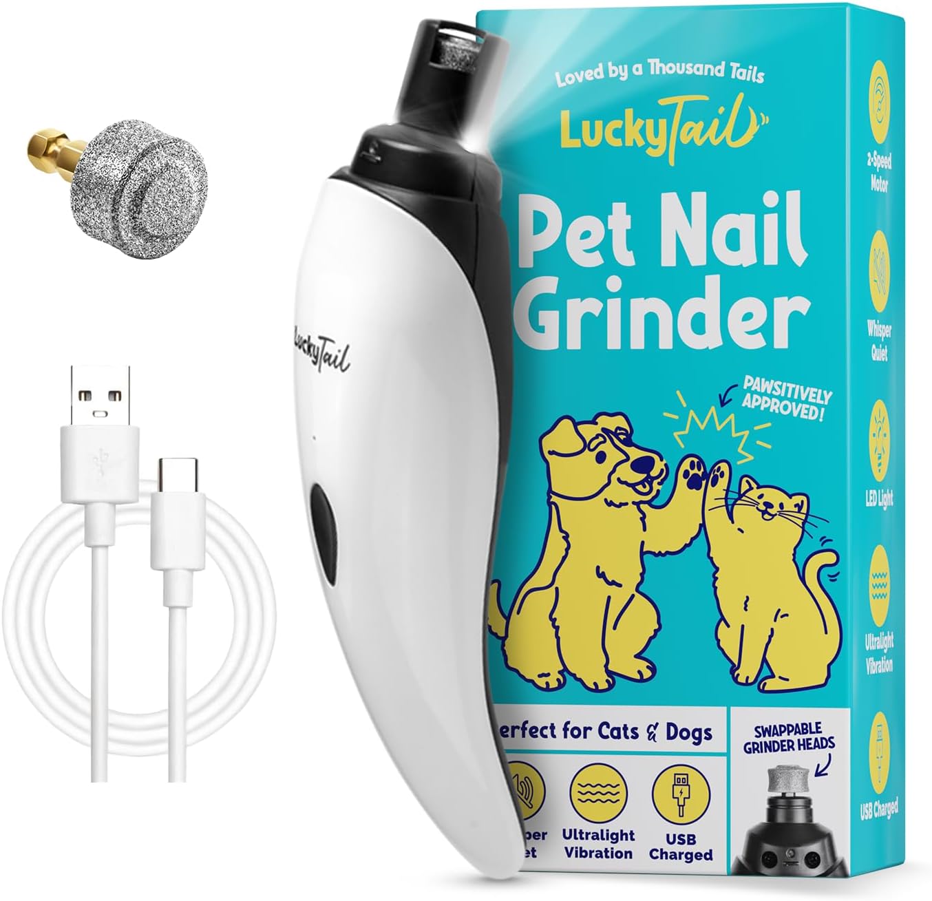 LuckyTail pet nail grinder front view with LED lights