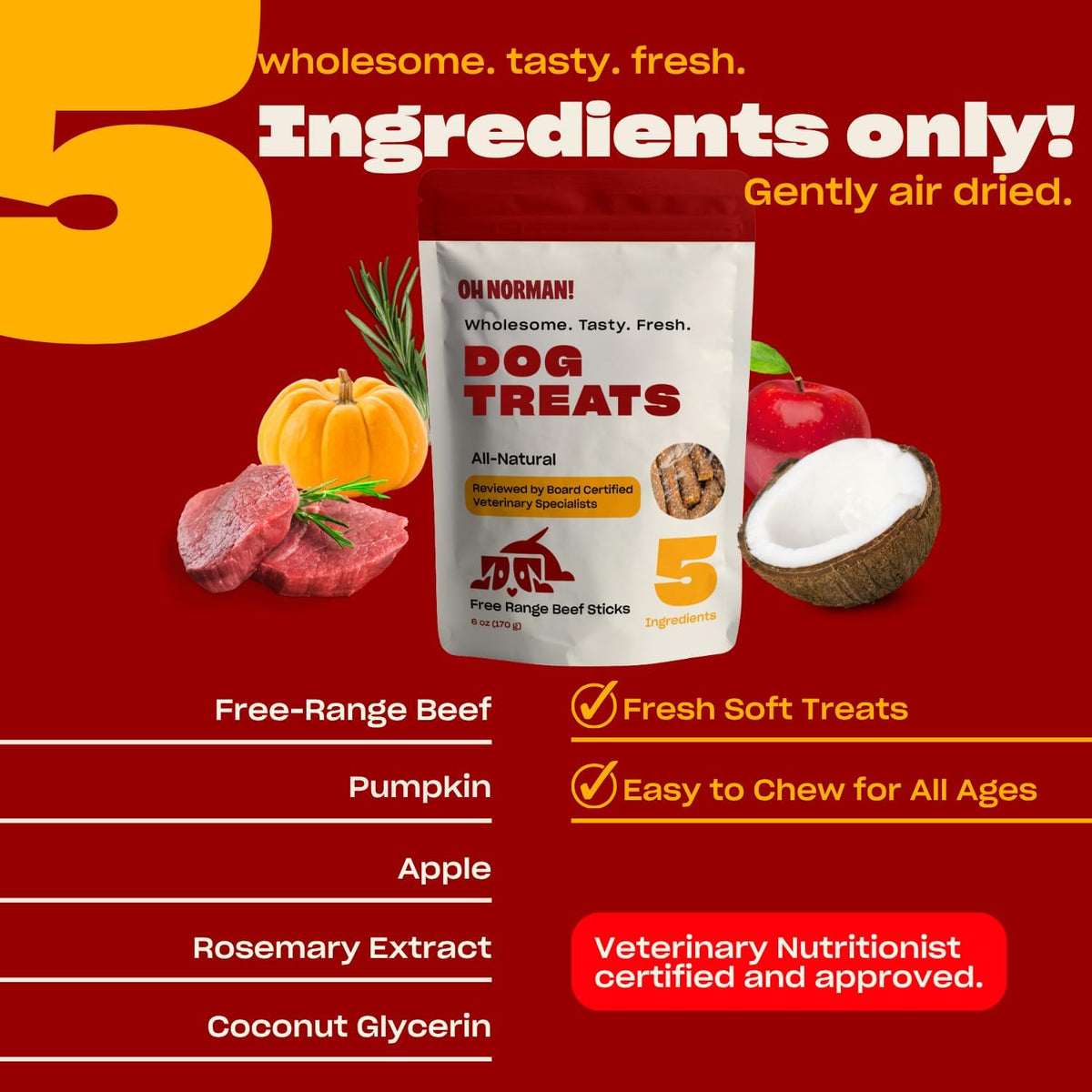 Oh Norman dog treats packaging details and beef illustration