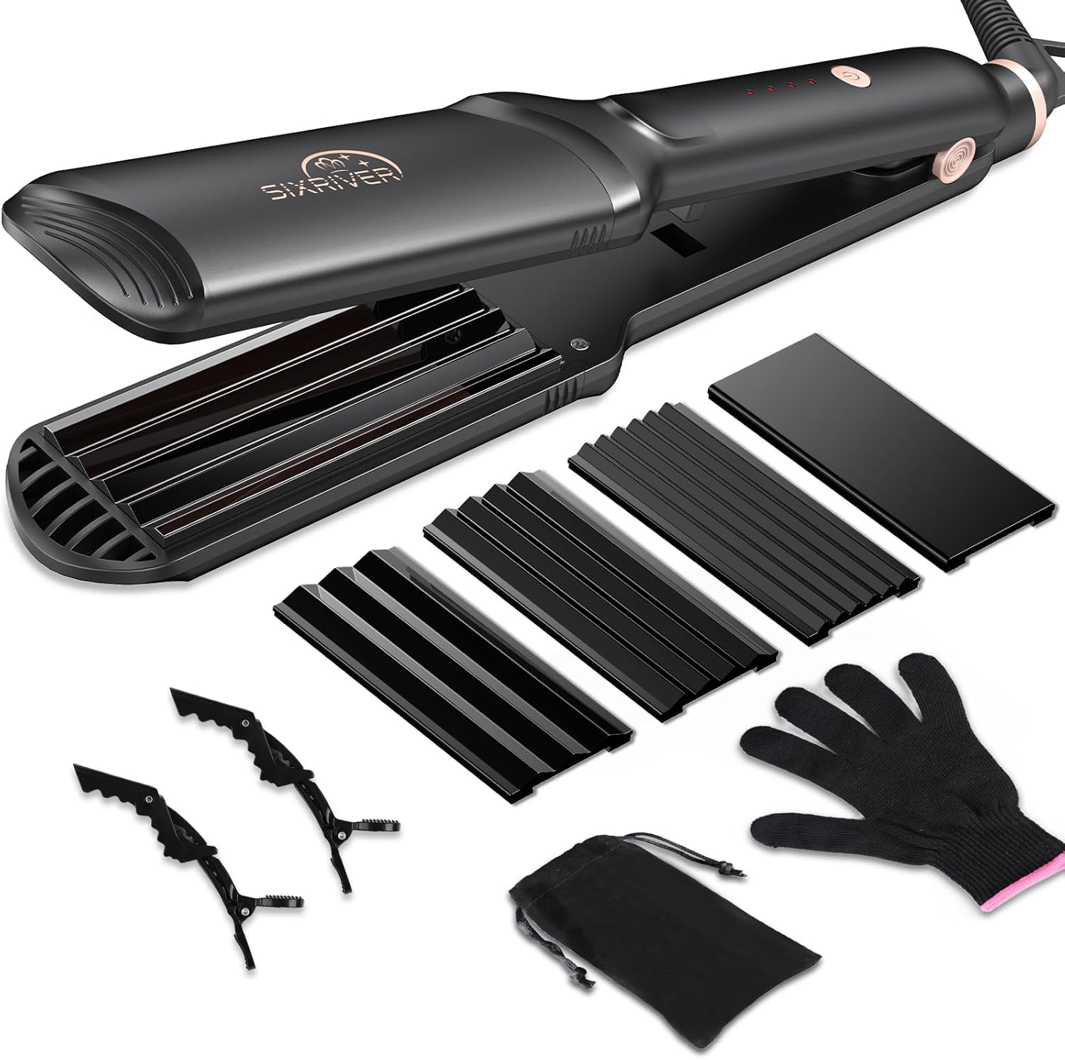 Sixriver ceramic waver hair tool front view showing the black multi-plate styling iron