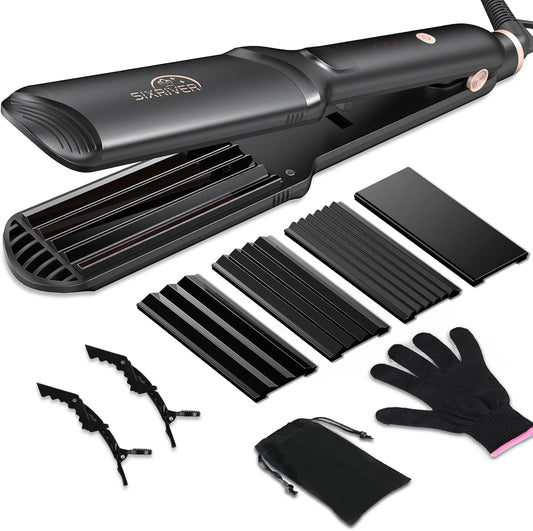 Sixriver ceramic waver hair tool front view showing the black multi-plate styling iron