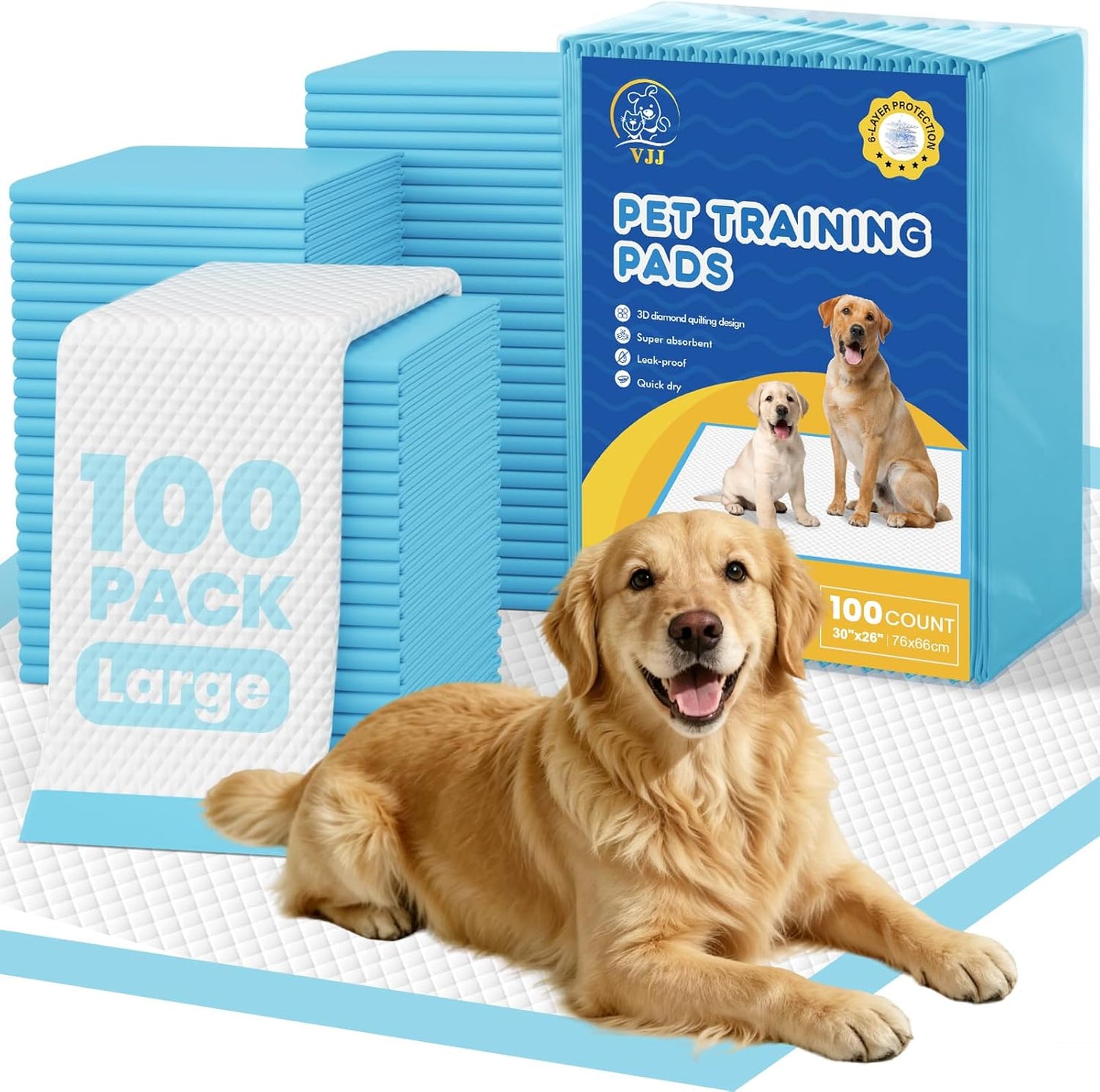 VJJ Puppy Pads 100 Count front view package of extra large disposable dog training pads for household floor protection.
