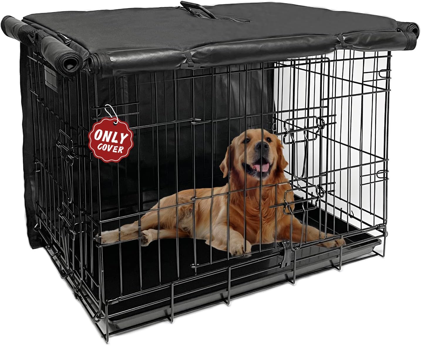 Joroamp dog crate cover 48 inch front view showing a secure black privacy kennel cover on a wire cage.