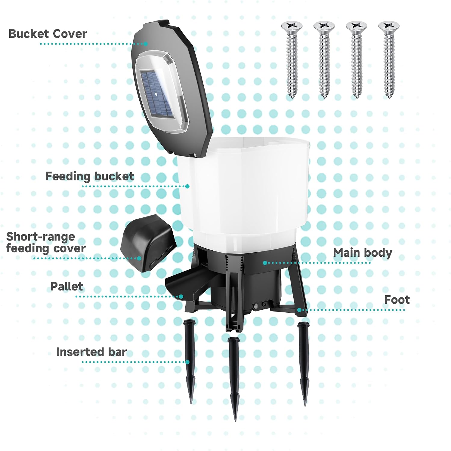 Dehyteco outdoor fish food dispenser throwing pellets into a garden koi pond.