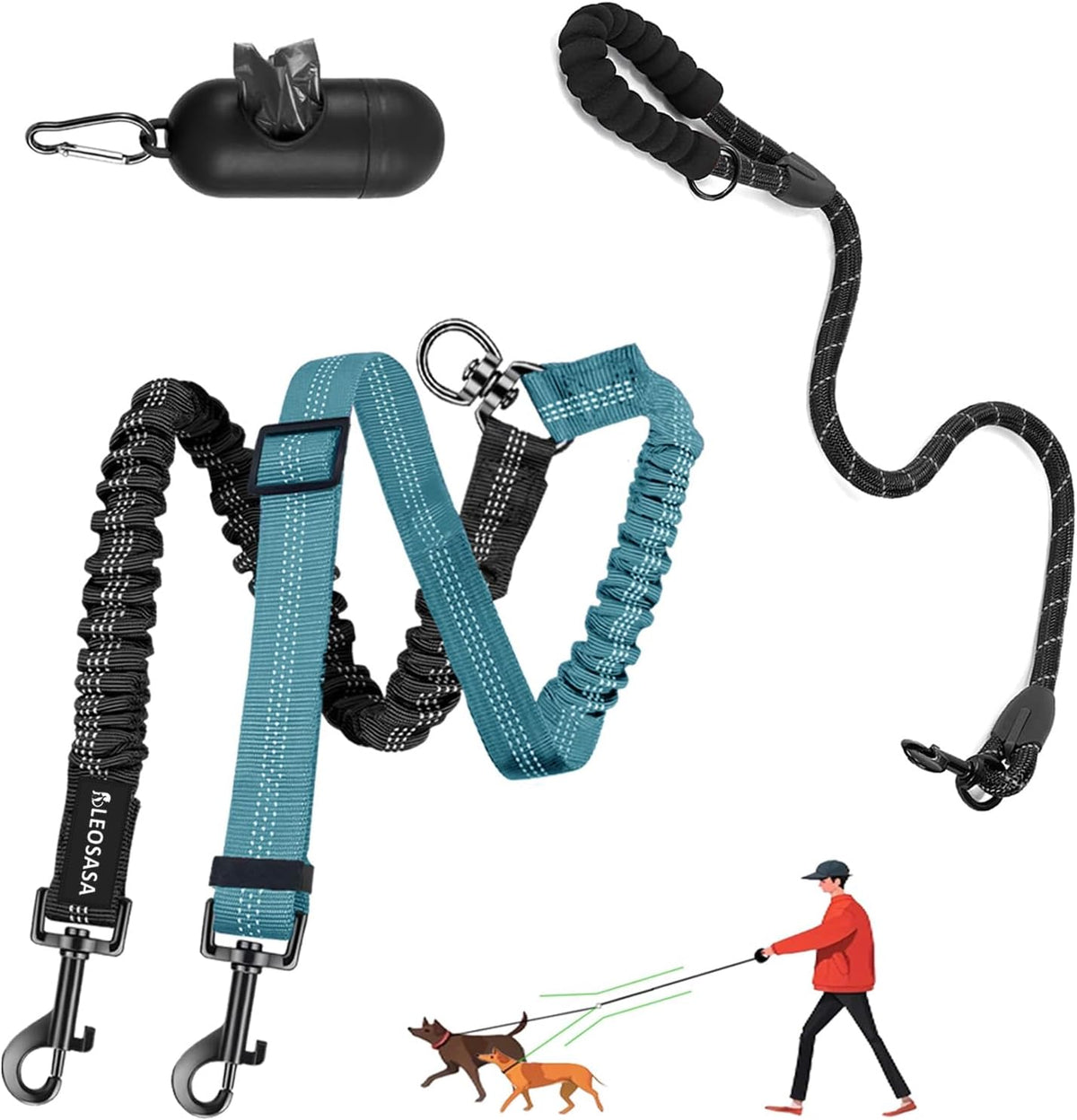 Double Dog Leash - 360 degreesSwivel Tangle Free Splitter Attachment, 2 Dogs Multi-Functional Leashes, Dual Rope for Outdoor Walk Train Small Medium Large Two Pet, Fuchsia - Image 10