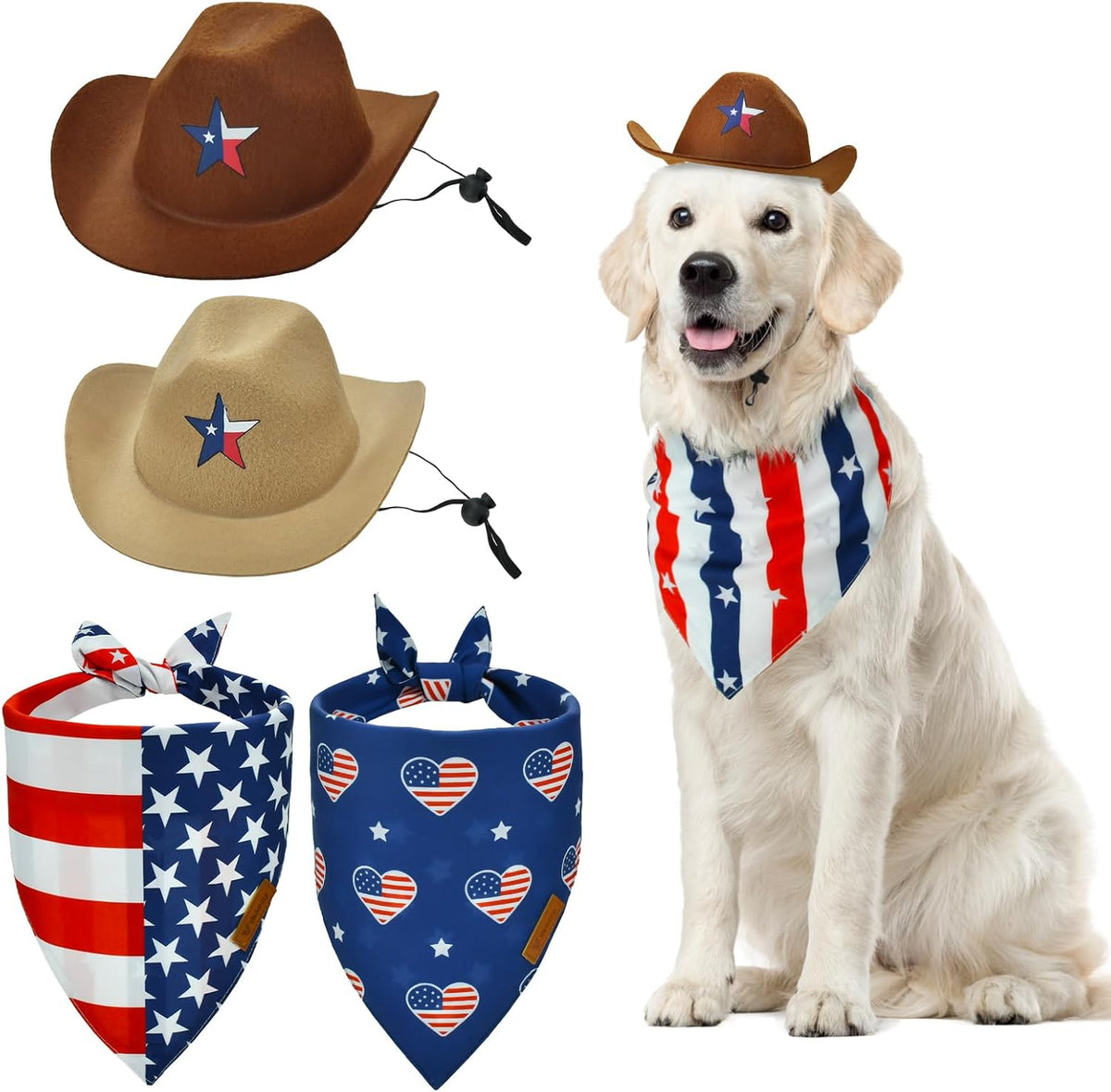 Vehomy 4th of July pet dog cowboy hat and bandana front view