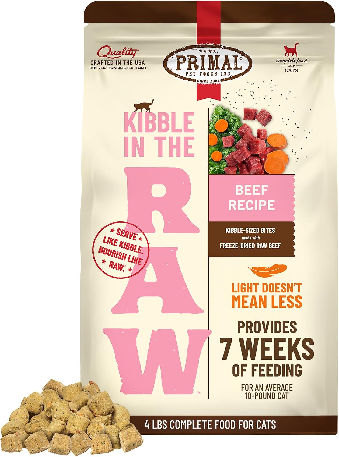 Primal Pet Foods freeze dried cat kibble bag side view showing size