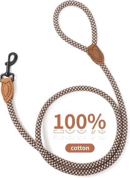 Close-up of hand-stitched leather tailored connection on a brown rope dog leash.