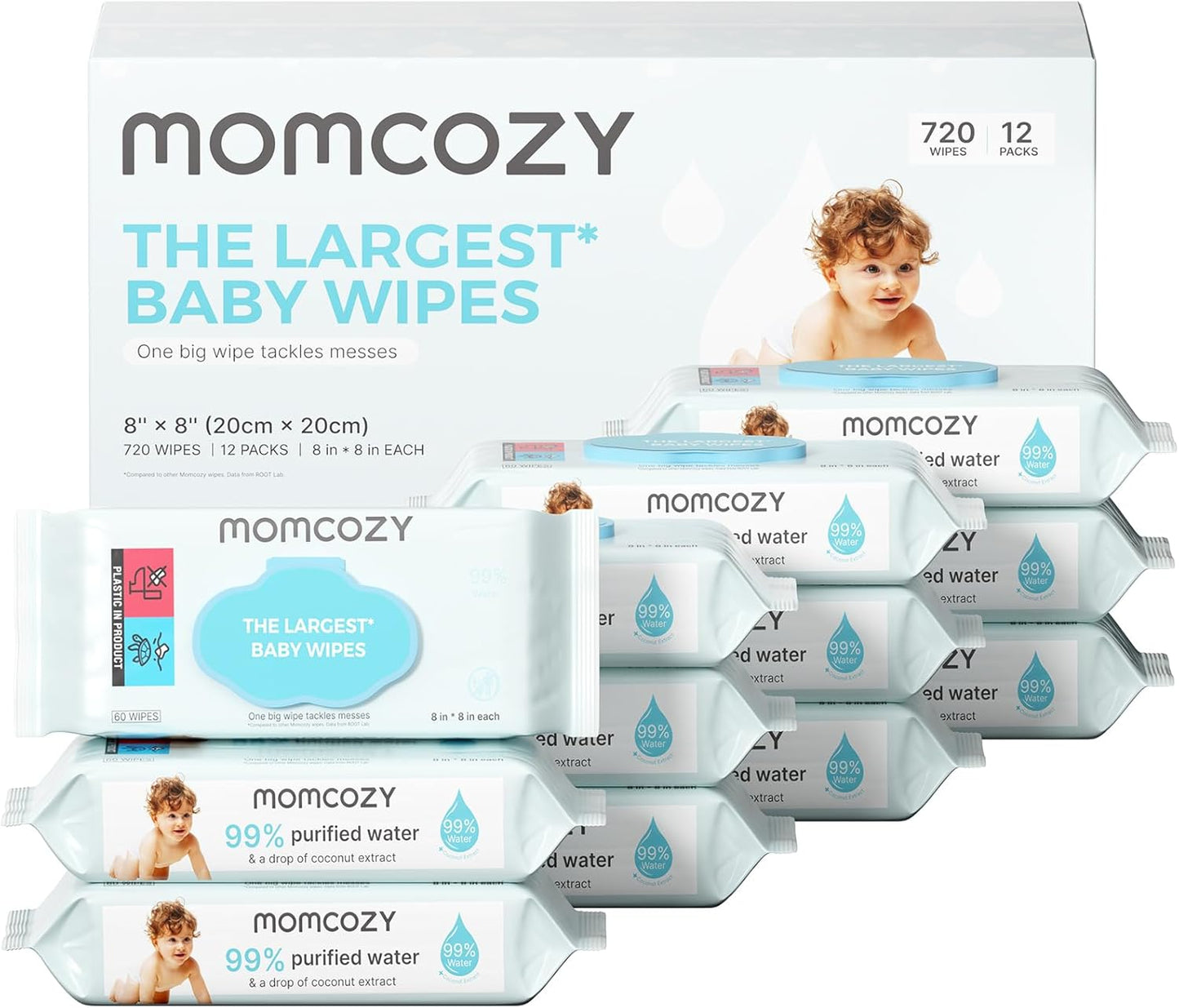 Momcozy Baby Wipes-Extra Large Size Design, 99% Water Based, Unscented & Hypoallergenic, Cleansing & Moisturizing Baby Wipes for Sensitive Skin, 12 Flip-Top Packs (720 Wipes Total) - Image 1