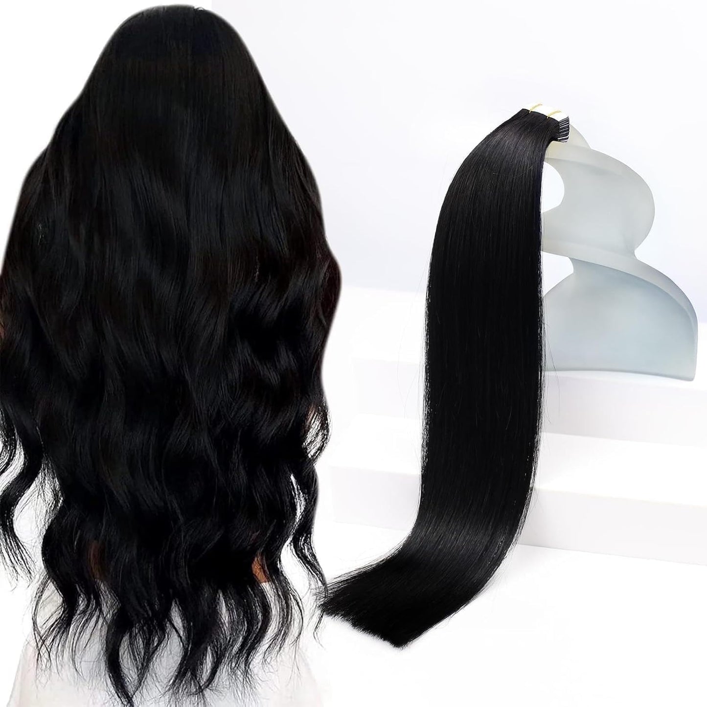 Sunny Hair Tape In Hair Extensions front packaging view showing jet black real human hair.