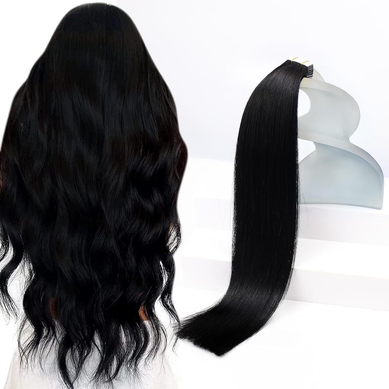 Sunny Hair Tape In Hair Extensions front packaging view showing jet black real human hair.
