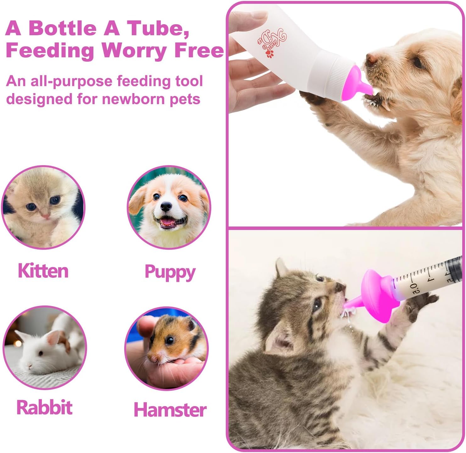 Sterilizable ninety milliliter pet feeding bottle and syringe components