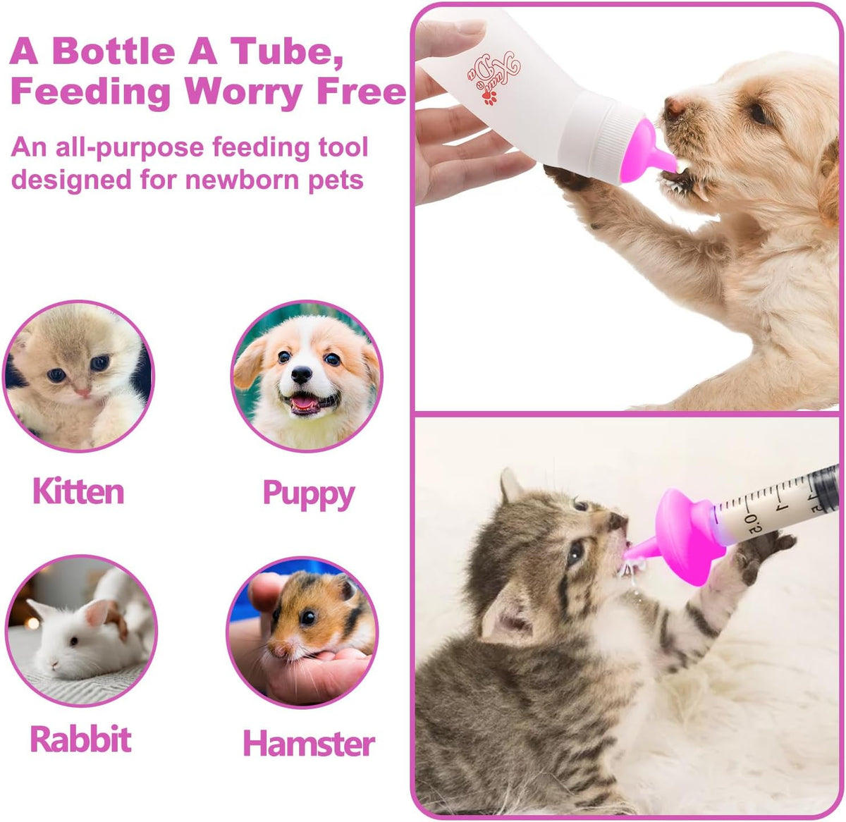 Sterilizable ninety milliliter pet feeding bottle and syringe components