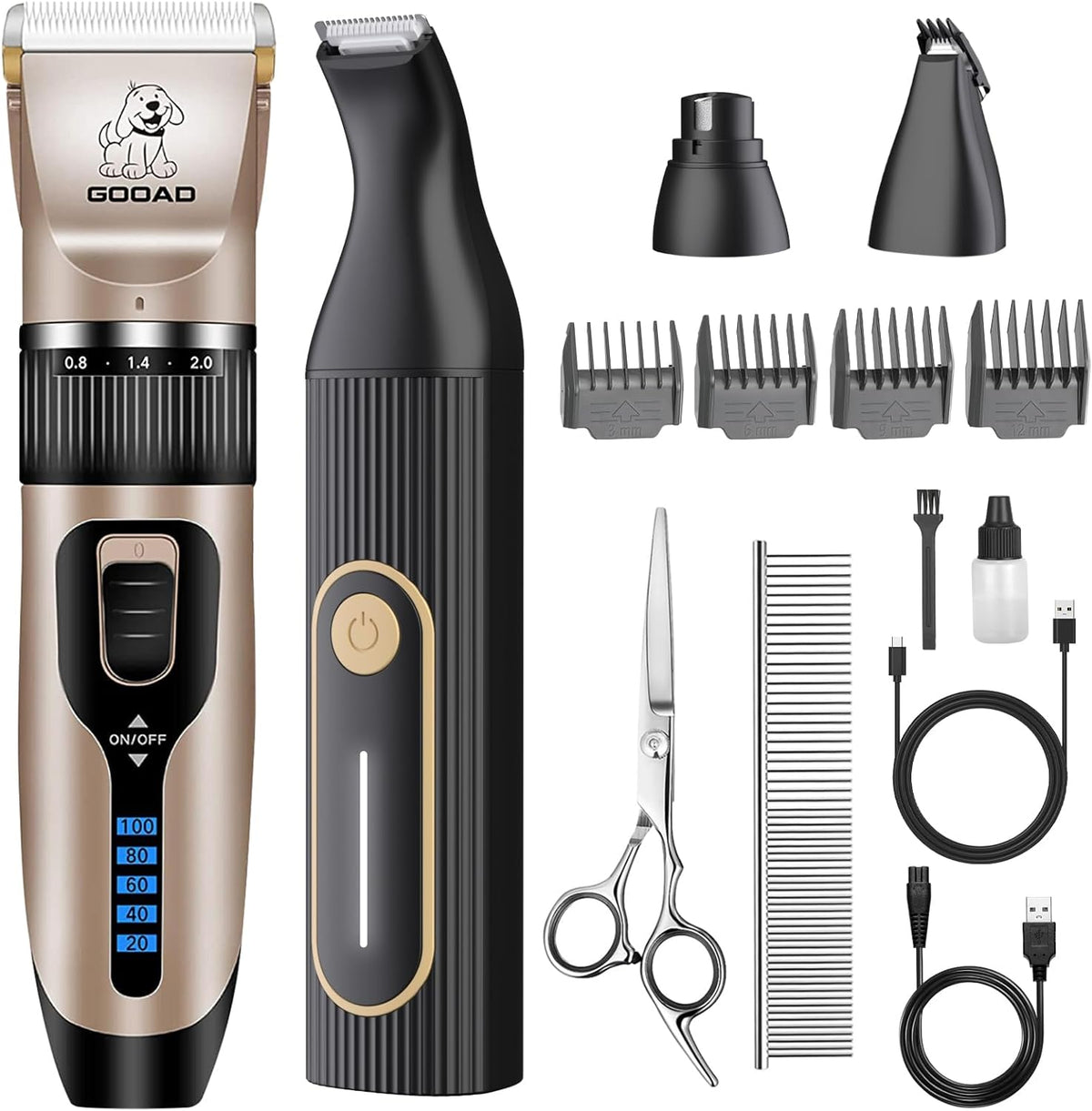 Gooad 4 in 1 dog clippers grooming kit front view with all included attachments and guide combs