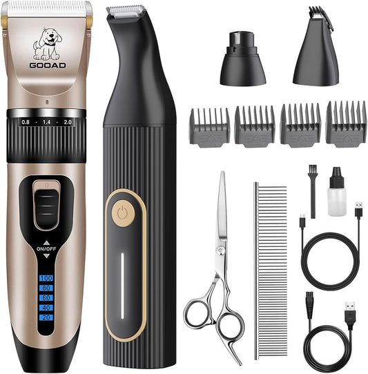 Gooad 4 in 1 dog clippers grooming kit front view with all included attachments and guide combs