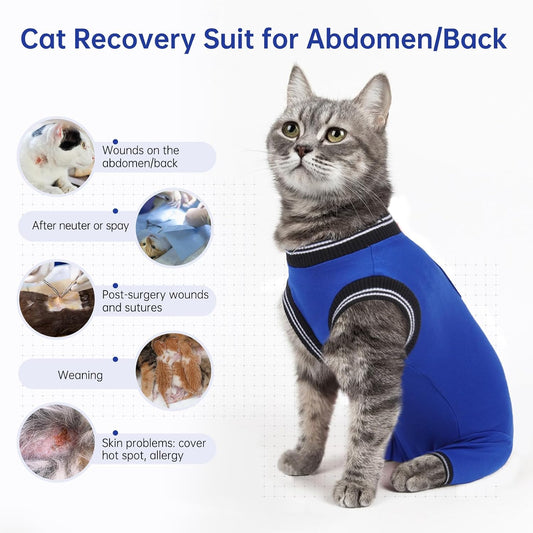 Cat surgical onesie with hind leg sleeves for wound protection