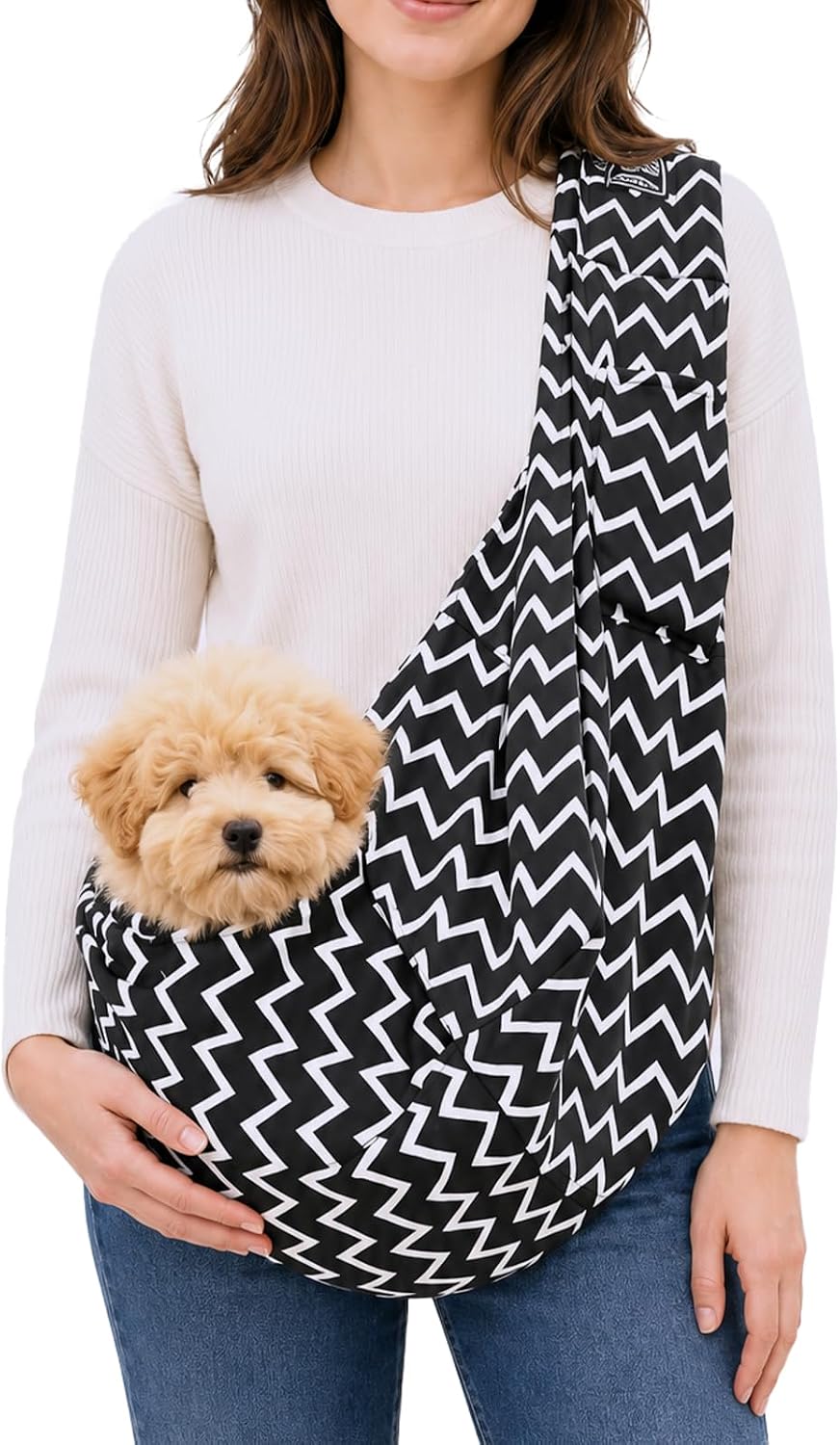 Dog Sling Carrier for Small Dogs and Cats 5-16 lbs, Puppy Carrier Sling with Safety Hook and Storage Pocket, Hands Free Pet Carrier Purse for Travel, Walking, Shopping (Ebony Check) - Image 9
