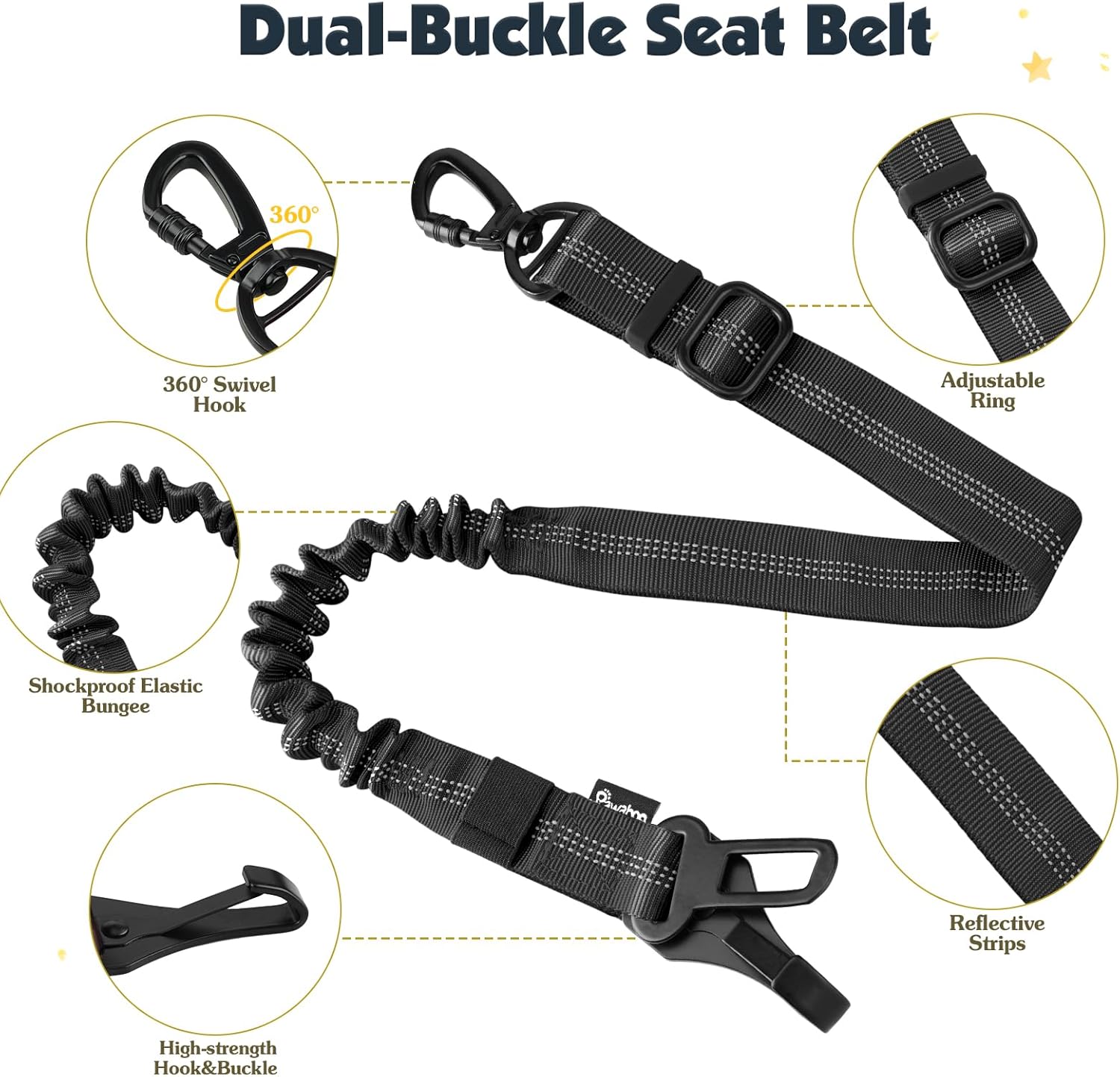 Dog car harness with double clips and elastic tether