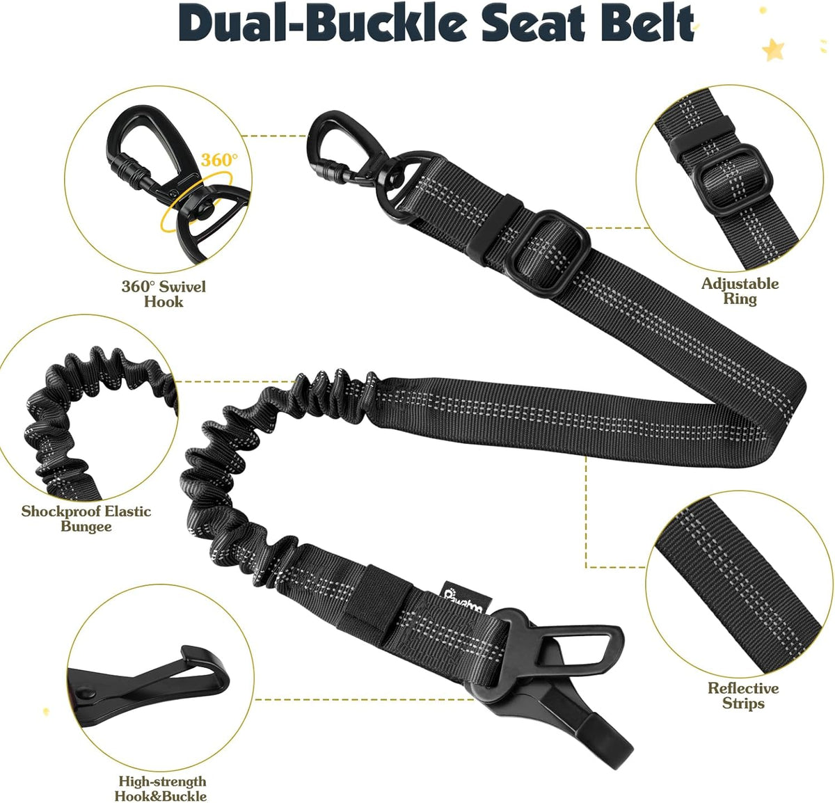 Dog car harness with double clips and elastic tether