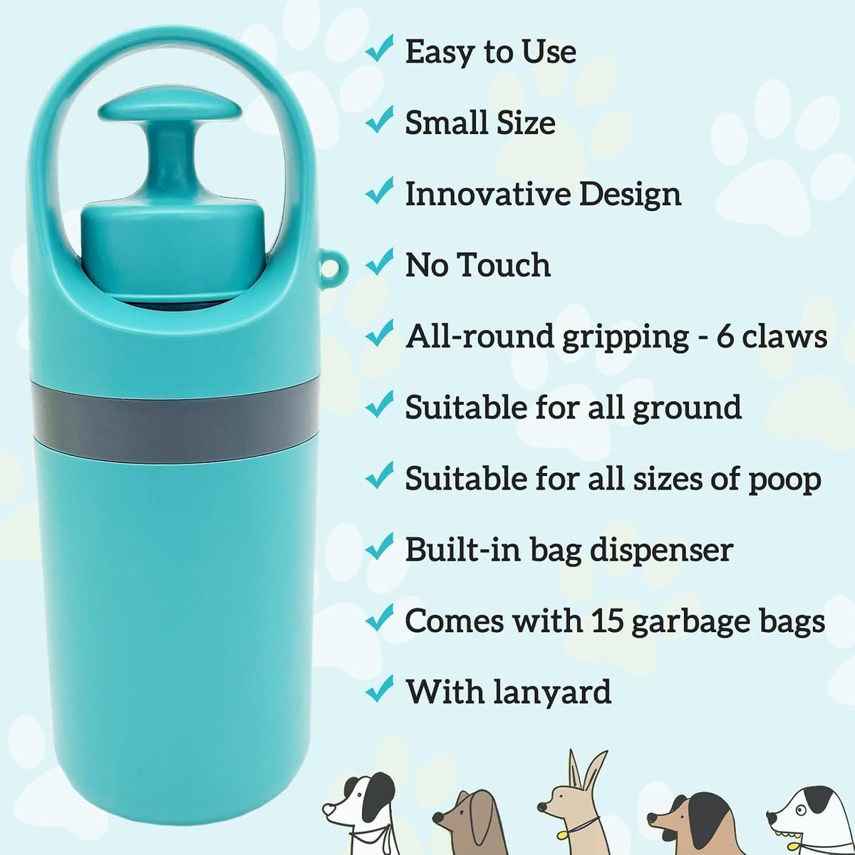 Fhiny travel dog pooper scooper showing the compact and durable premium plastic body design.
