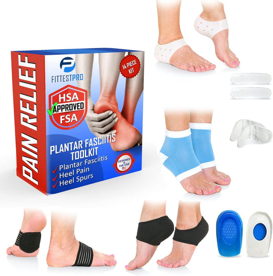 Fittest Pro Plantar Fasciitis 14-Piece Kit front view showing all compression socks and gel inserts.