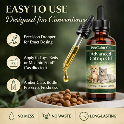 USA imported organic catnip oil dropper application in a pet food bowl
