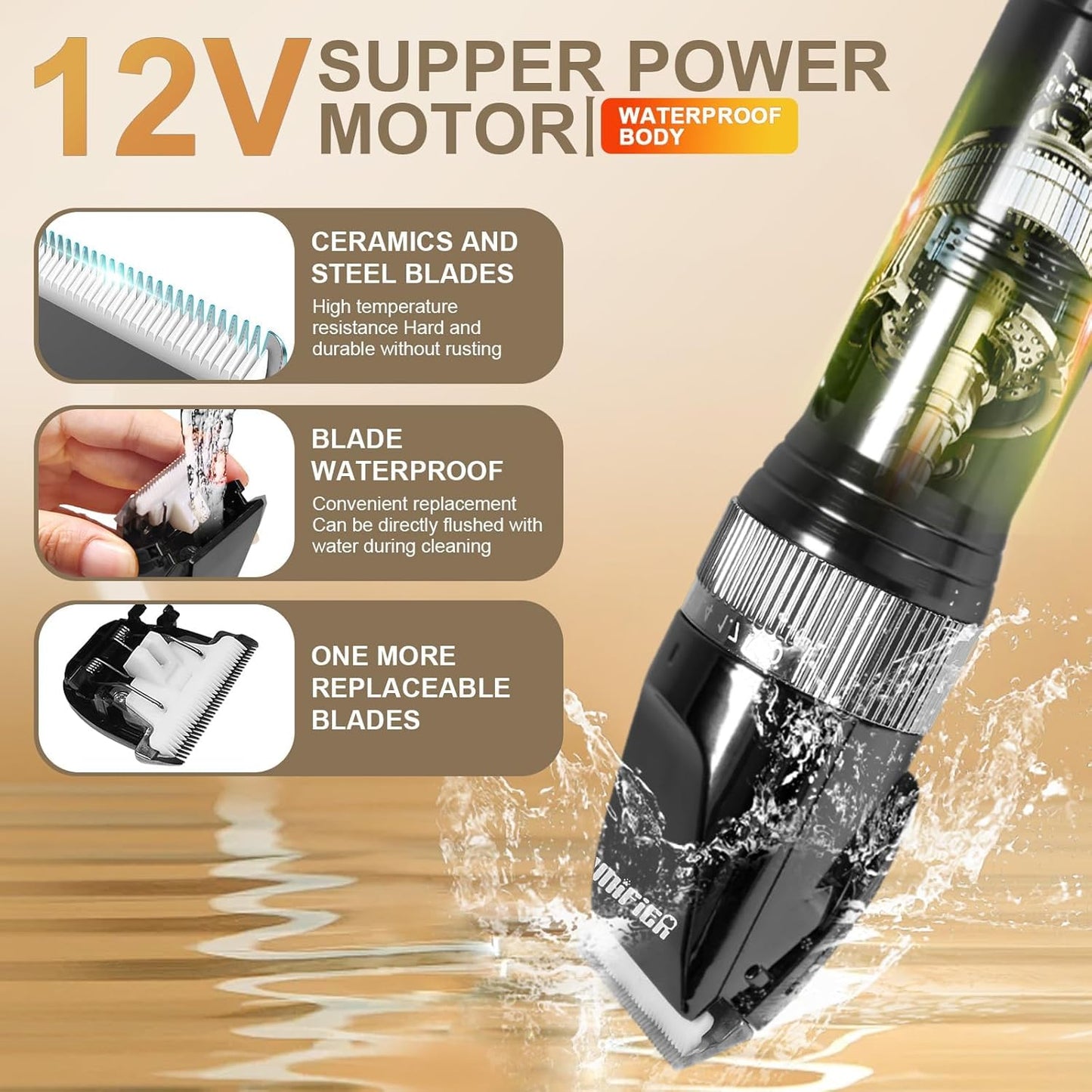 Professional animal trimmer with ten feet long power cord and accessories.