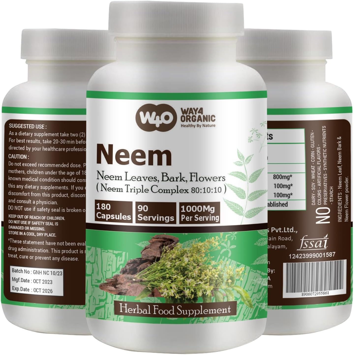 Way 4 Organic Neem Triple Complex 1000mg 180 Capsules front view