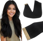 DOORES Human Hair Extensions front view showing 20 inch jet black straight tape in skin weft pieces.