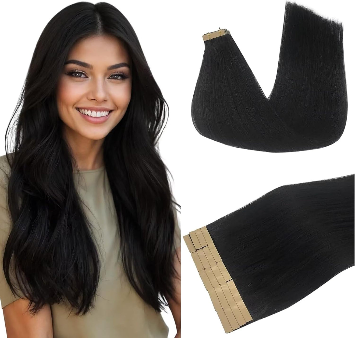 DOORES Human Hair Extensions front view showing 20 inch jet black straight tape in skin weft pieces.