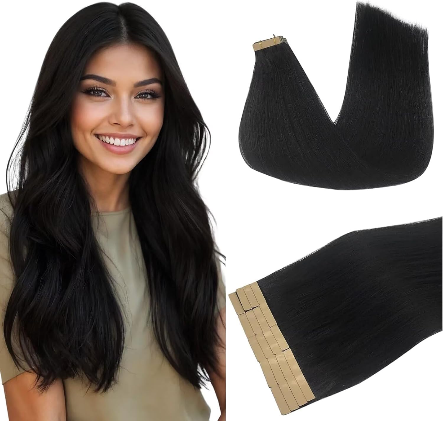DOORES Human Hair Extensions front view showing 20 inch jet black straight tape in skin weft pieces.