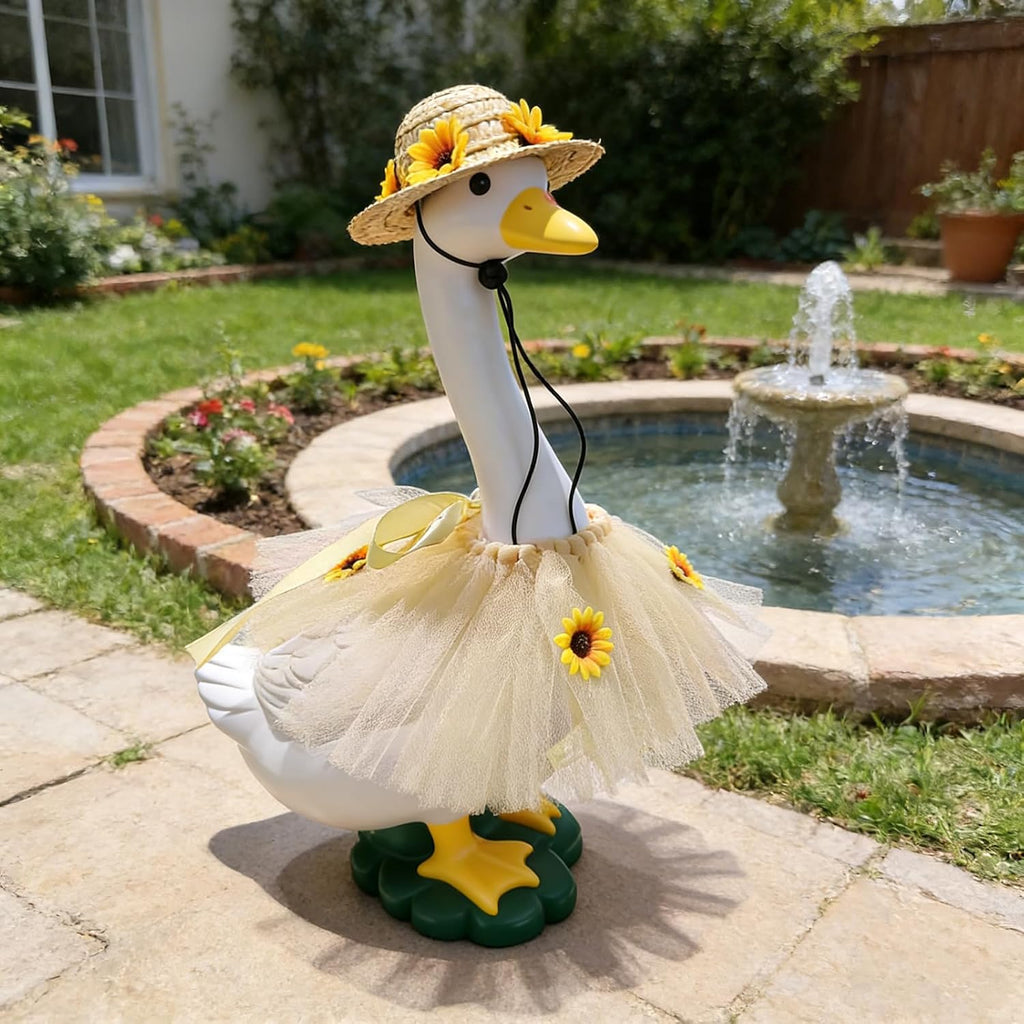Summer lawn ornament straw hat with yellow flower accents.
