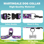 Close-up shot of the heavy-duty plastic buckle on the purple floral no pull dog collar