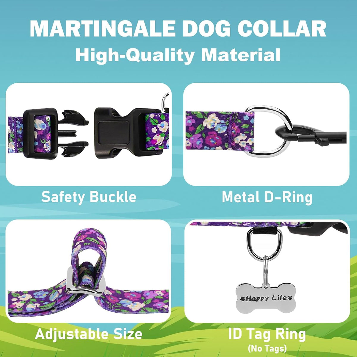 Close-up shot of the heavy-duty plastic buckle on the purple floral no pull dog collar