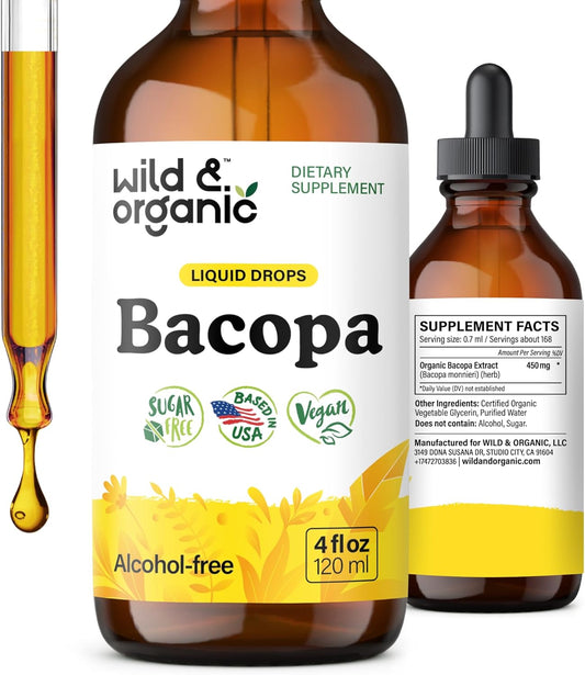 Wild And Organic Bacopa Liquid Drops front bottle packaging highlighting vegan brain support benefits.