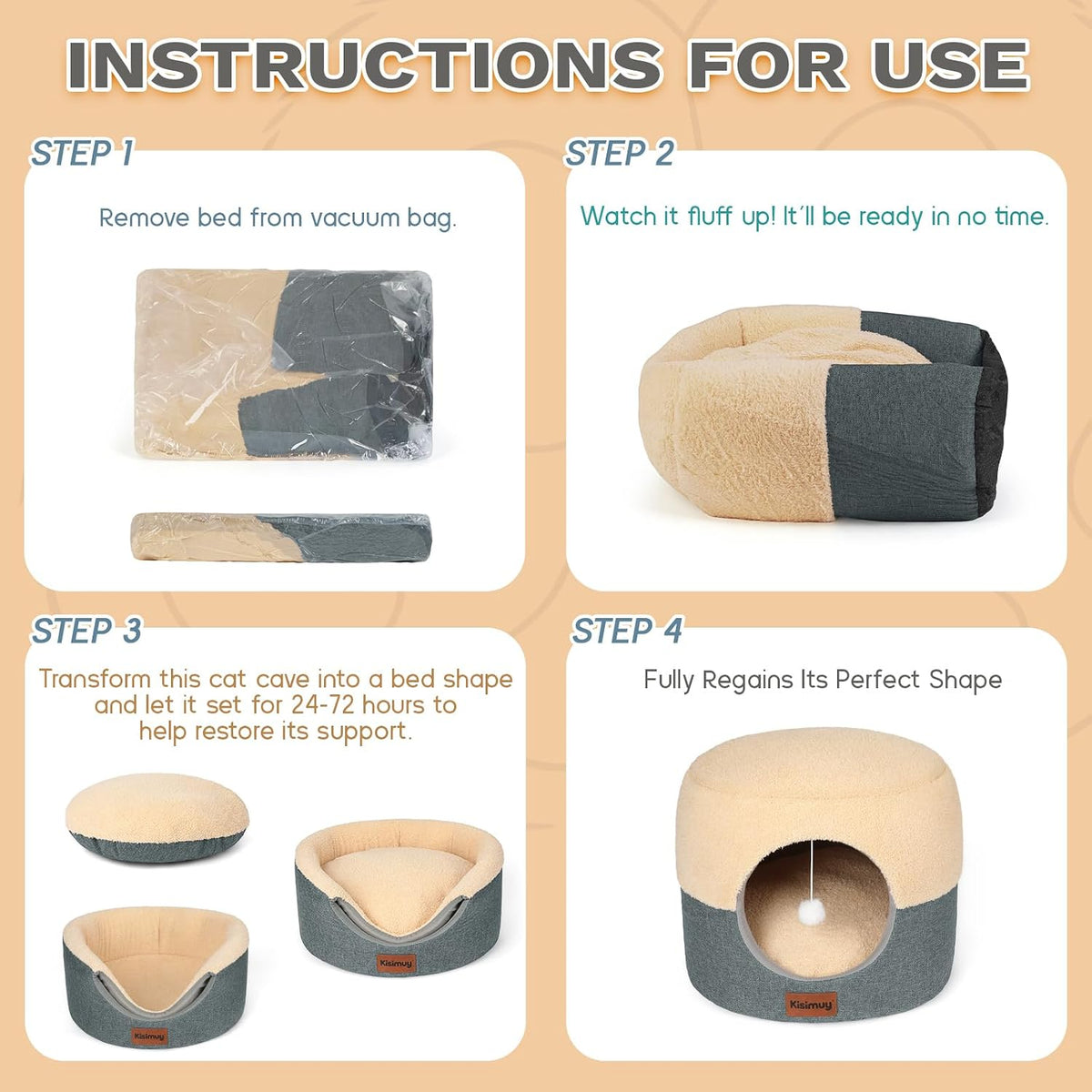Grey KISIMUY round pet nest showing reinforced stitching and durable bite resistant materials