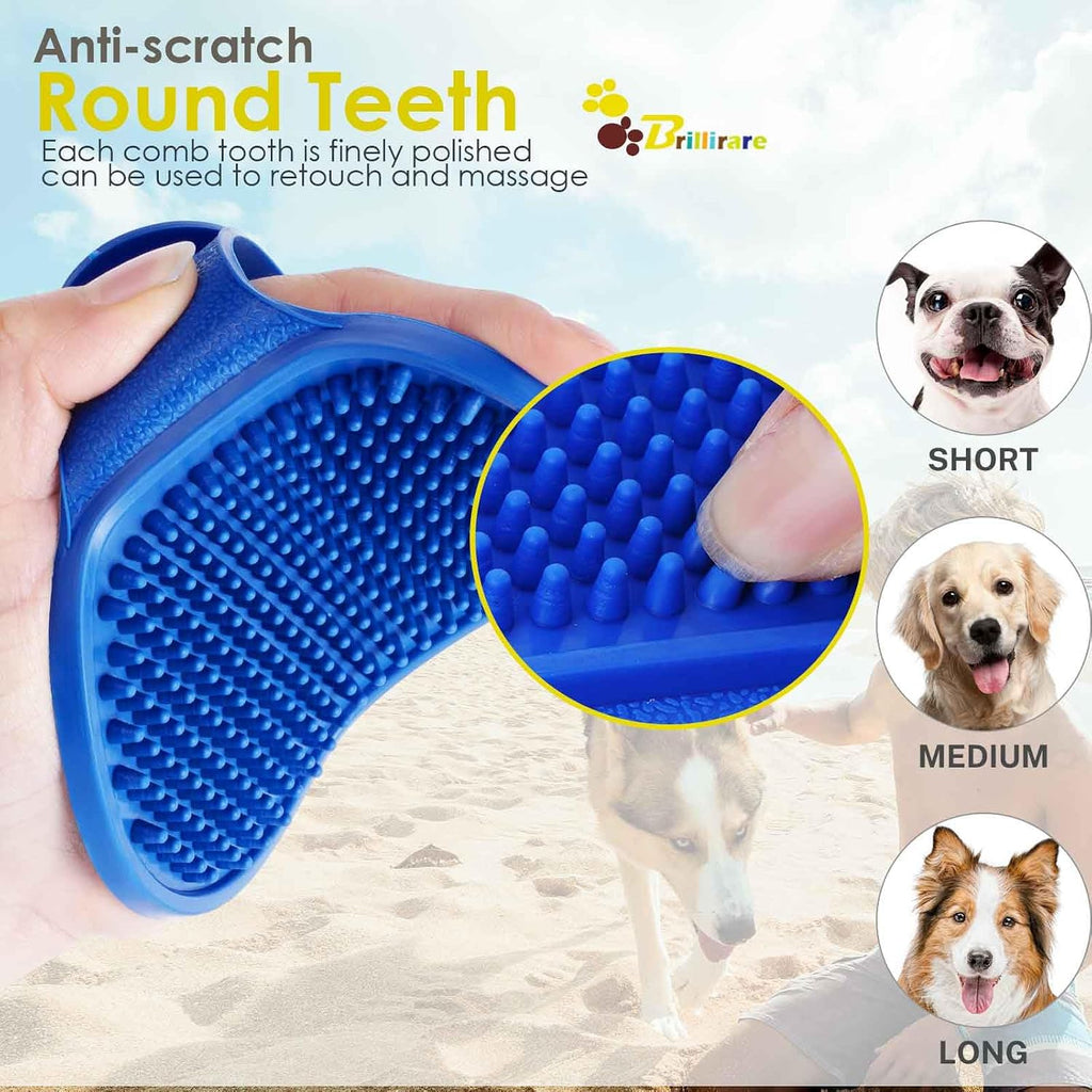 Soft rubber pet massage comb removing loose undercoat dander.