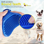 Soft rubber pet massage comb removing loose undercoat dander.