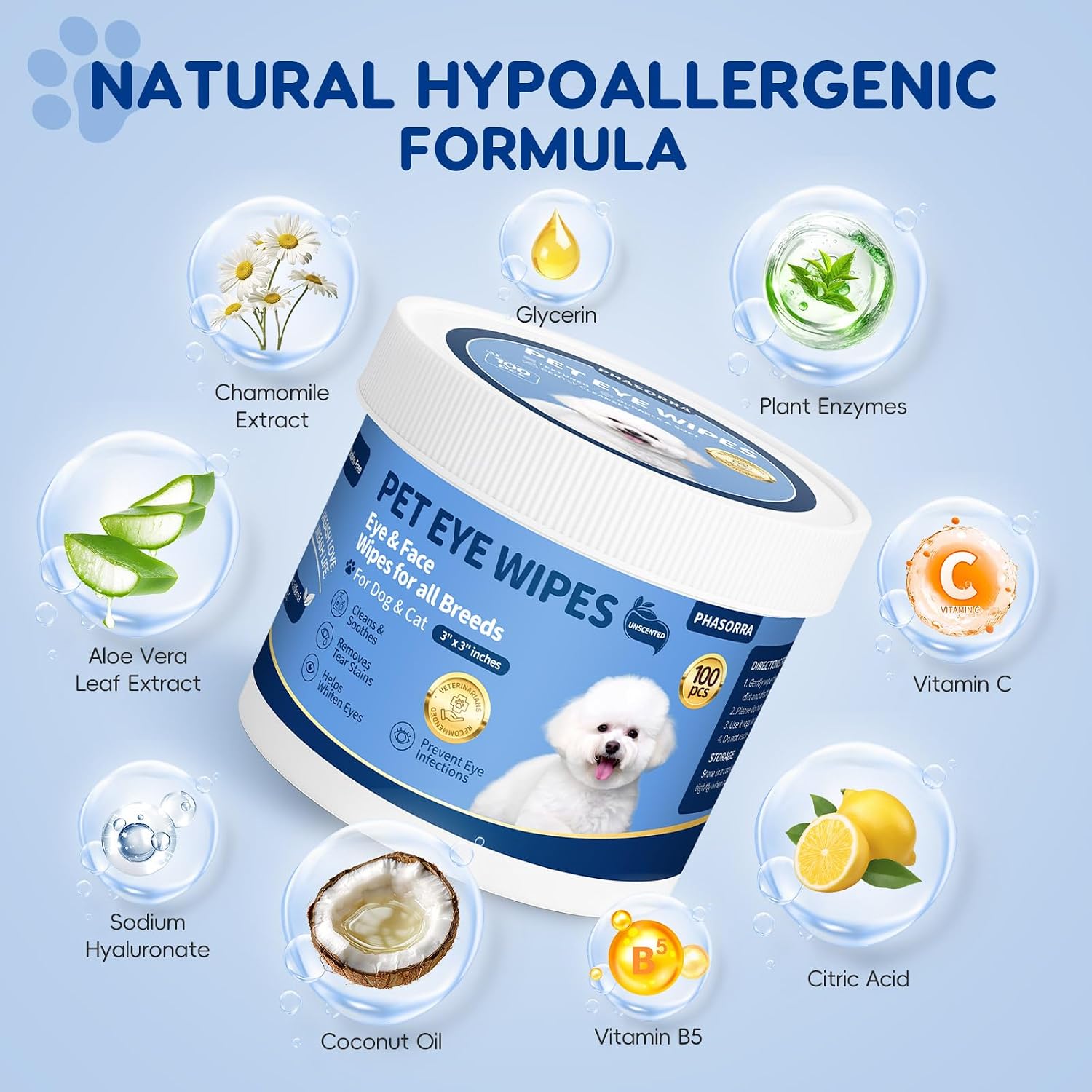 Fragrance free soothing aloe vera and chamomile pet eye grooming wipes