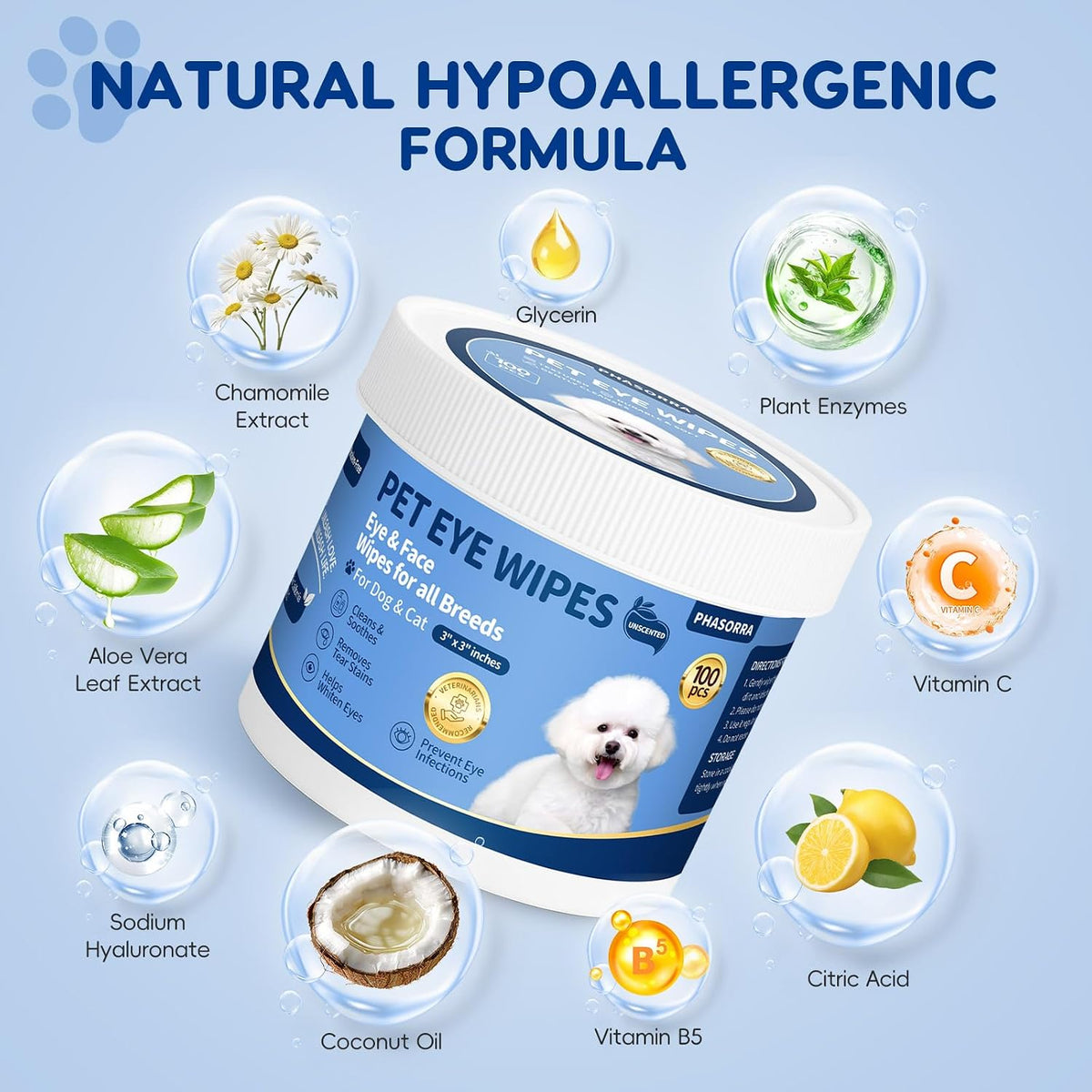 Fragrance free soothing aloe vera and chamomile pet eye grooming wipes