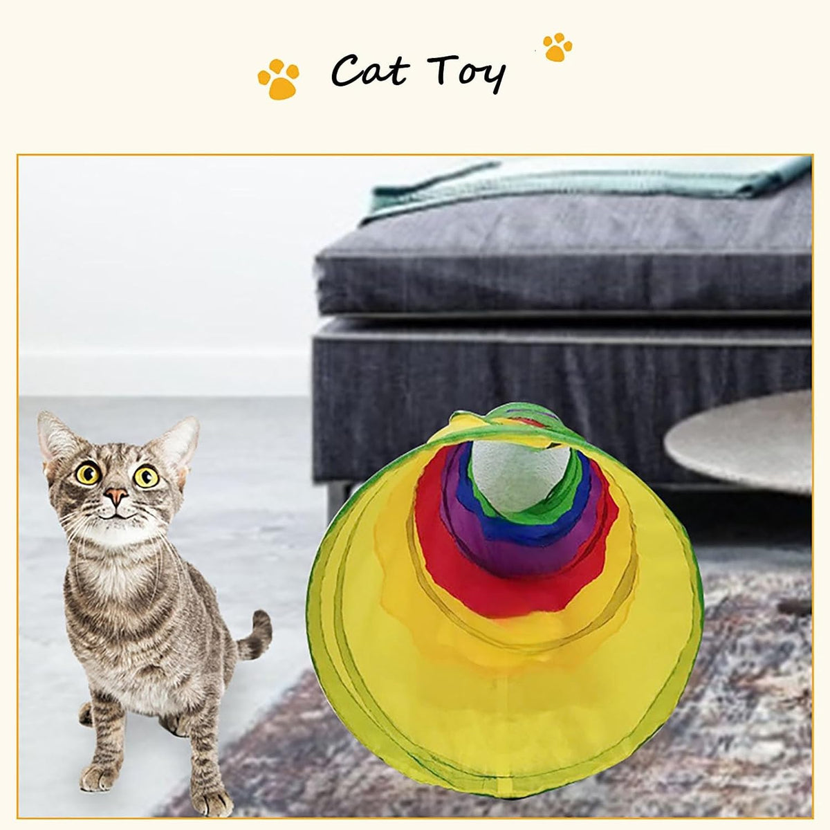 Rabbit and kitten exploring opposite ends of the colorful pet tunnel